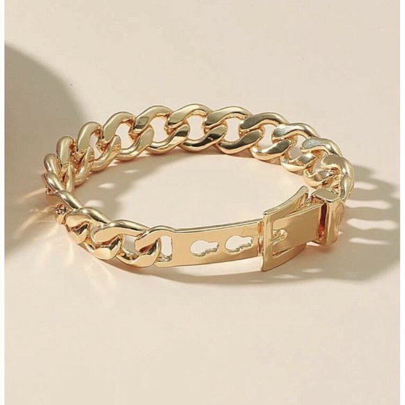 NEW Gold Tone Buckle Bracelet Chunky Chain Link Heavyweight 7” - 8” - Picture 2 of 4